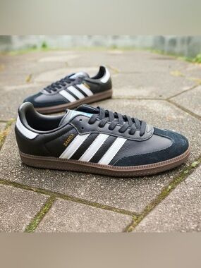 adidas Samba Leather Sneakers in Black with White Stripes